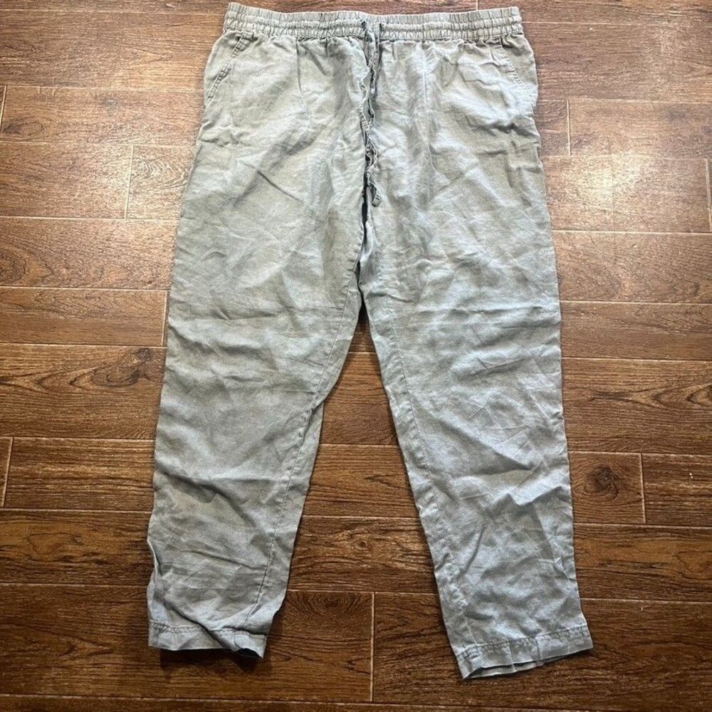 H&M 100% Linen Pants Womens XL Sage Green Elastic Waist Pull On Lagenlook